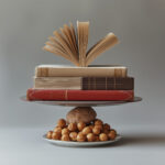 A literatura é tão importante quanto um prato de comida - imagem conceitual mostrando livros e comida em equilíbrio, representando a importância igual da nutrição intelectual e física