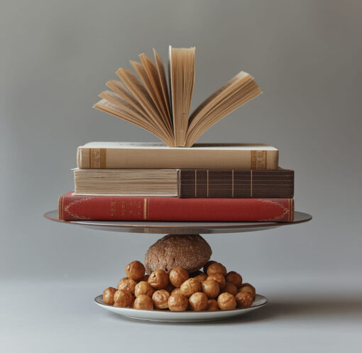 A literatura é tão importante quanto um prato de comida - imagem conceitual mostrando livros e comida em equilíbrio, representando a importância igual da nutrição intelectual e física