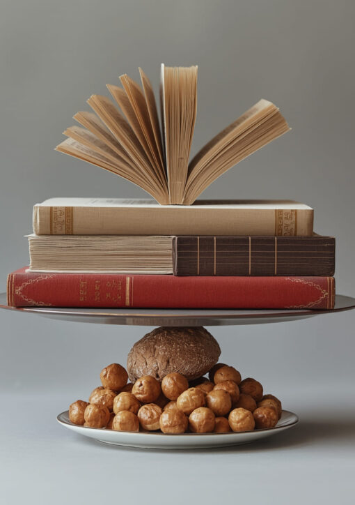 A literatura é tão importante quanto um prato de comida - imagem conceitual mostrando livros e comida em equilíbrio, representando a importância igual da nutrição intelectual e física