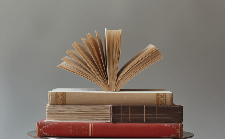 A literatura é tão importante quanto um prato de comida - imagem conceitual mostrando livros e comida em equilíbrio, representando a importância igual da nutrição intelectual e física